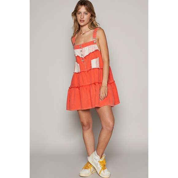 POL Coral Red Denim & Crochet Patch Tiered Skirtall Mini Dress - Picture 6 of 8